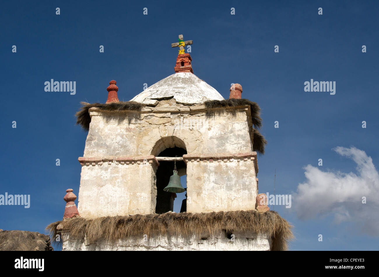 Close-up square bell tower Parinacota Colonial Church Parinacota Northern Chile Stock Photo