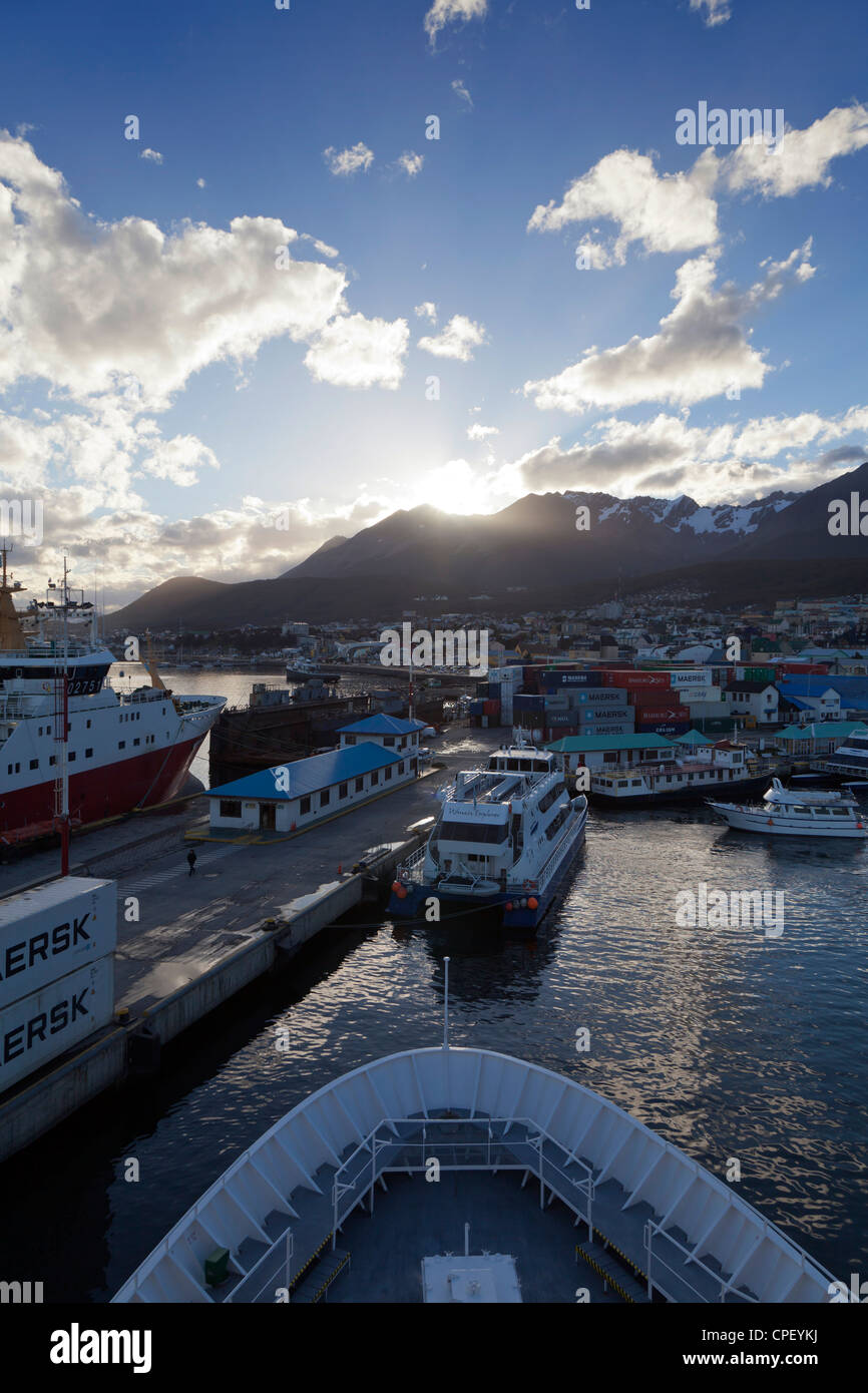 Expedition ship departing Ushuaia, Argentina, in the late afternoon Stock Photo