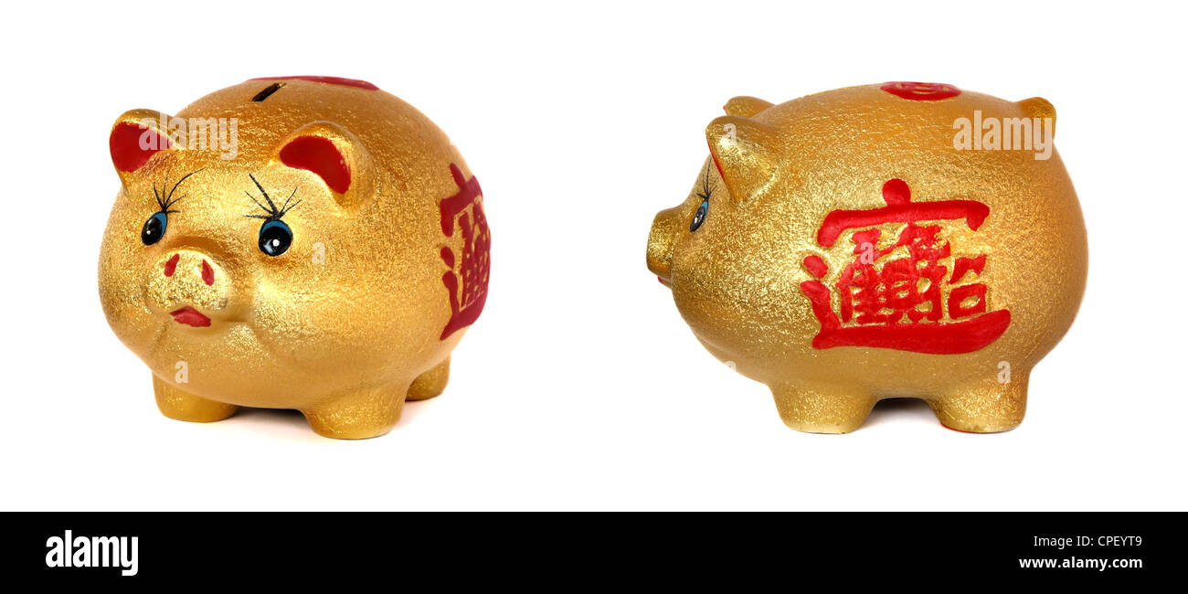 The Golden Pig piggy bank on white background Stock Photo - Alamy