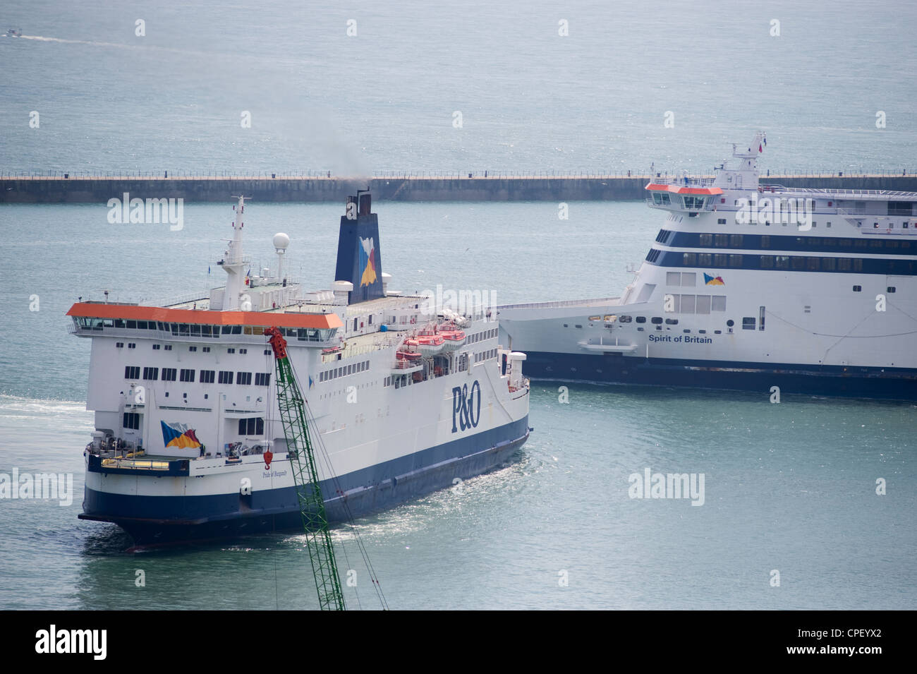Arriving and departing P&O ferries in the busy port of Dover in