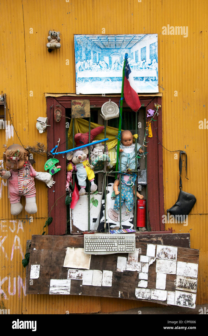 Window of a hippy house Cerro Concepcion Valparaiso Chile Stock Photo
