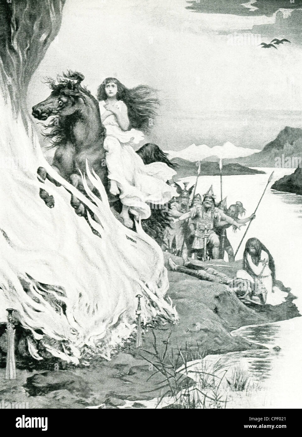 This illustration shows the end of Brunhild. Wotan was a sky god. Brunhild was a shield maiden and a Valkyrie. Stock Photo