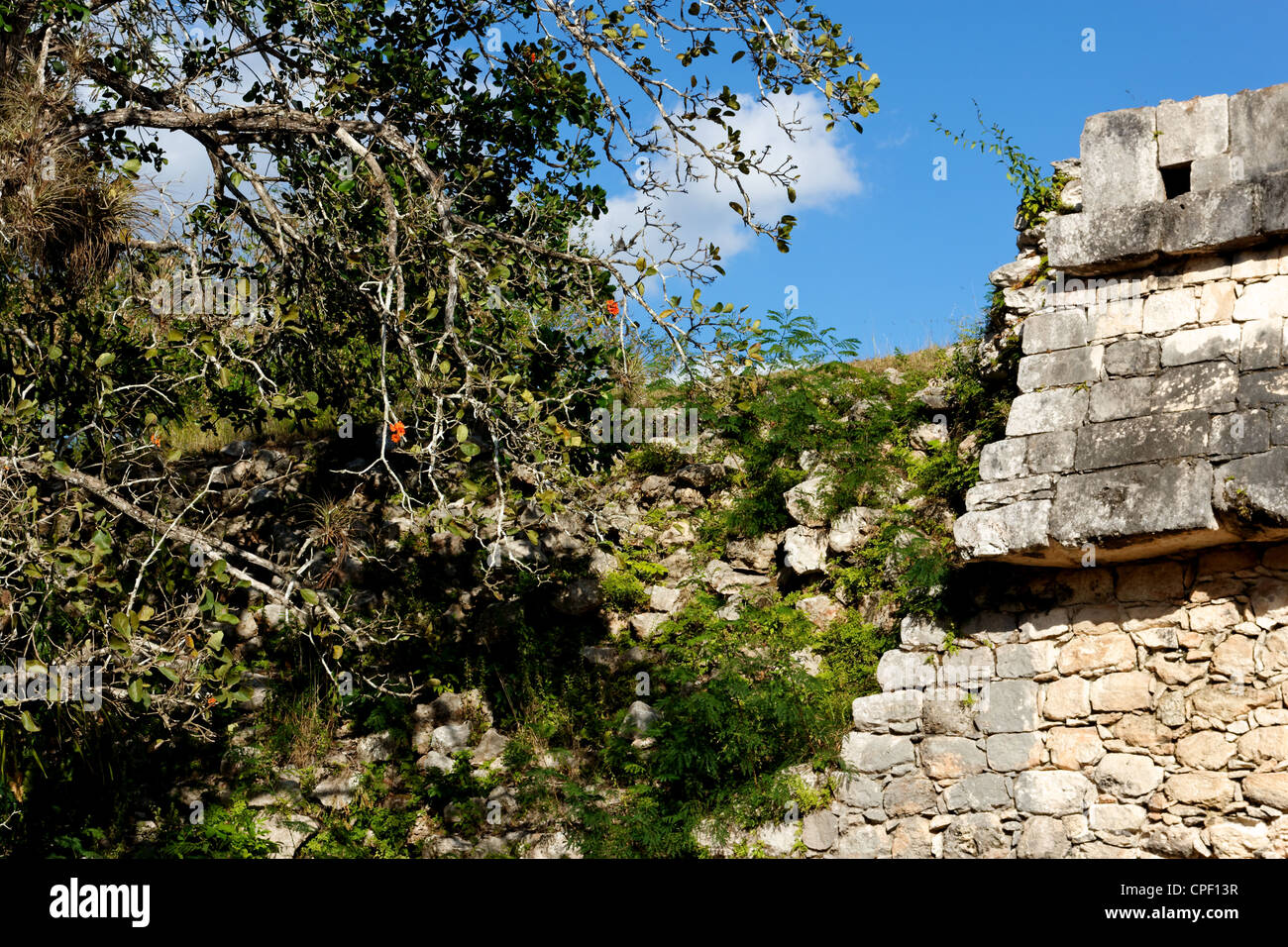 Close-up of a crumbling Mayan wall amid the ruins of Chichen Itza, Yucatan, Mexico. Stock Photo