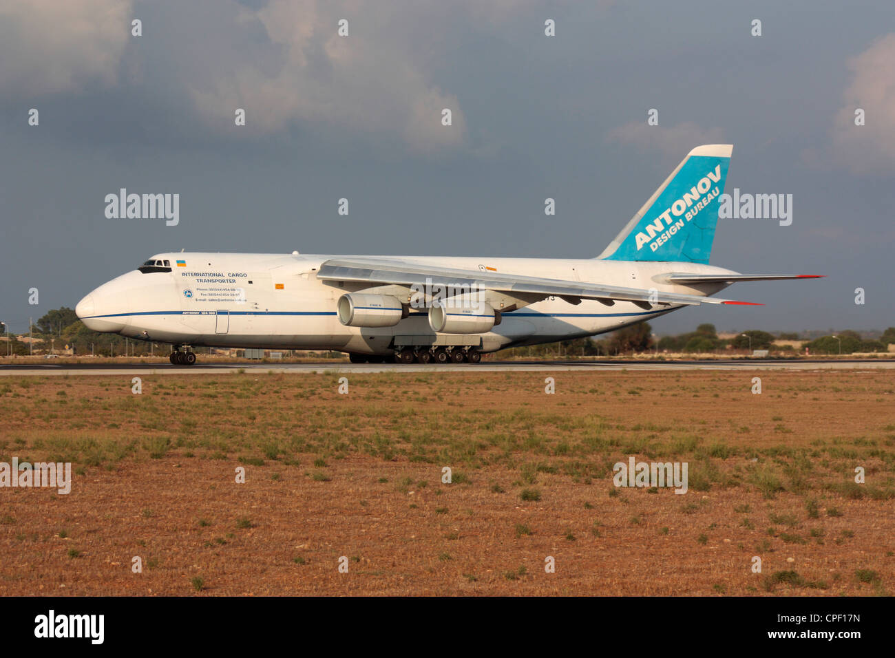 Commercial air freight transport. Antonov Airlines An-124 heavy cargo jet plane lined up on the runway ready for departure from Malta Stock Photo