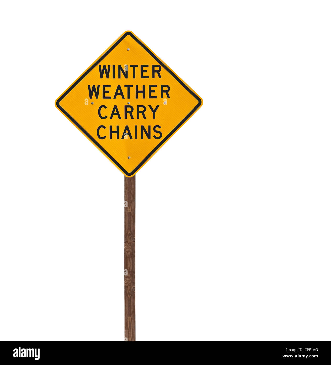 Tall winter weather carry chains warning sign isolated on white. Stock Photo
