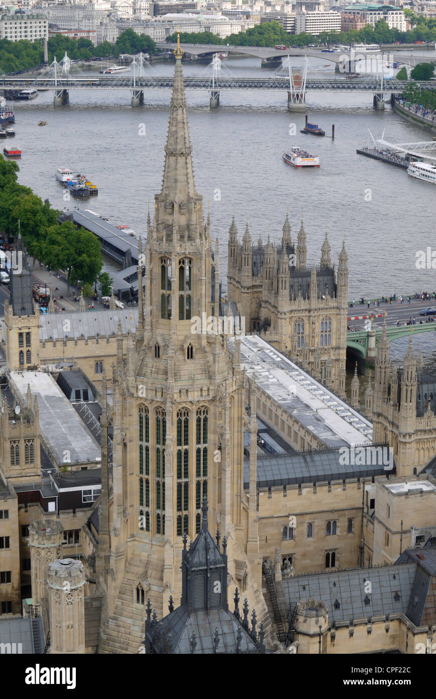 View of St Stephen's Tower and River Thames from Victoria Tower, Houses of Parliament, Palace of Westminster, London, England Stock Photo