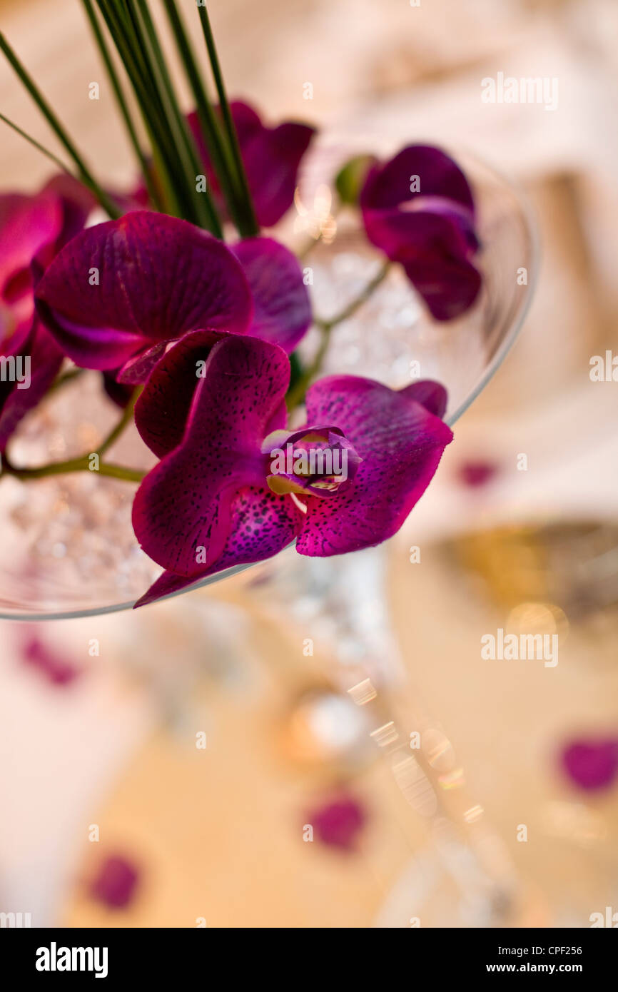 Wedding table decoration of orchids in a glass vase Stock Photo - Alamy