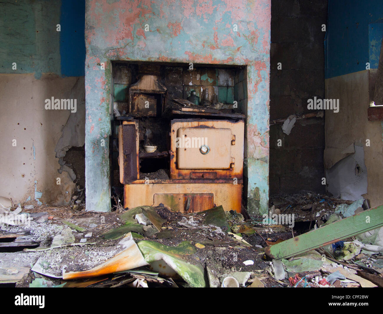 Kitchen of Abandoned Croft House, Isle of Lewis, Scotland Stock Photo