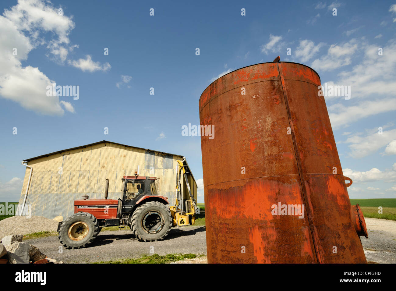 Rusted silo and barn, Marne, Champagne region, France Stock Photo