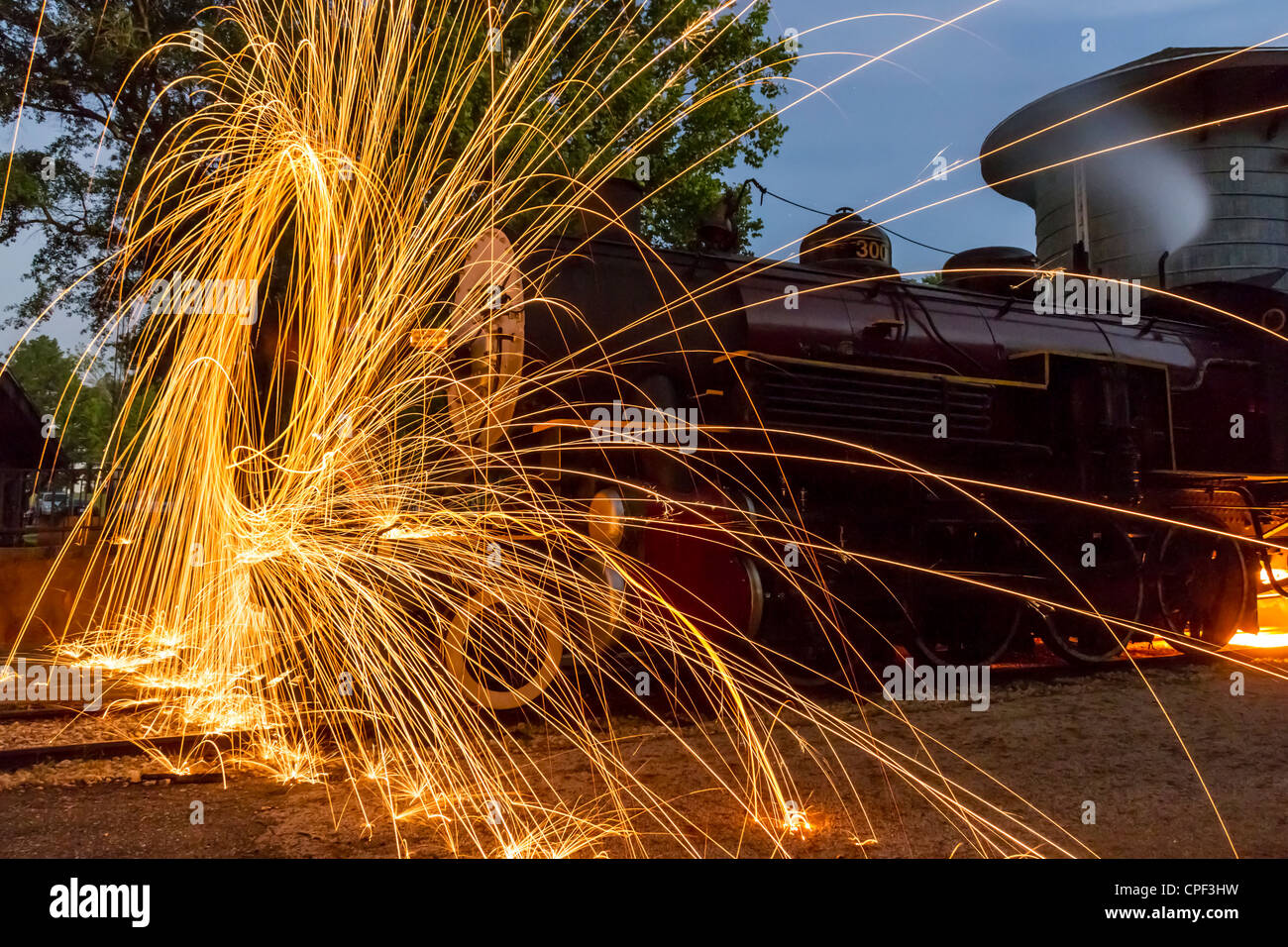 Night photo shoot with 1917 Baldwin 'Pershing' steam engine locomotive 300 at Rusk Depot of 'Texas State Railroad', Rusk, Texas. Stock Photo