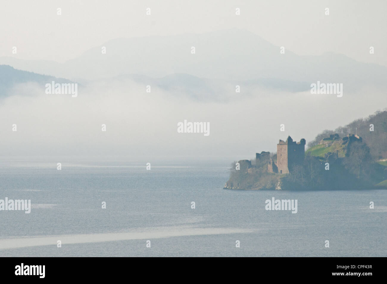 Urquhart Castle on a misty Loch Ness, Inverness-shire Stock Photo