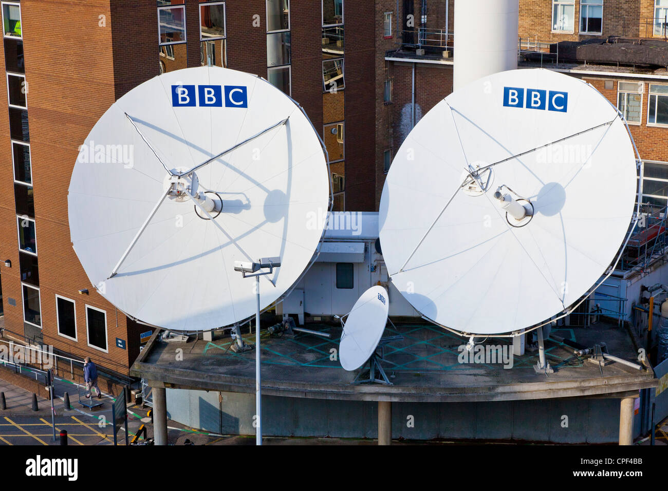 Satellite dishes at BBC Television Centre, Shepherds Bush, White City, London. JMH6004 Stock Photo