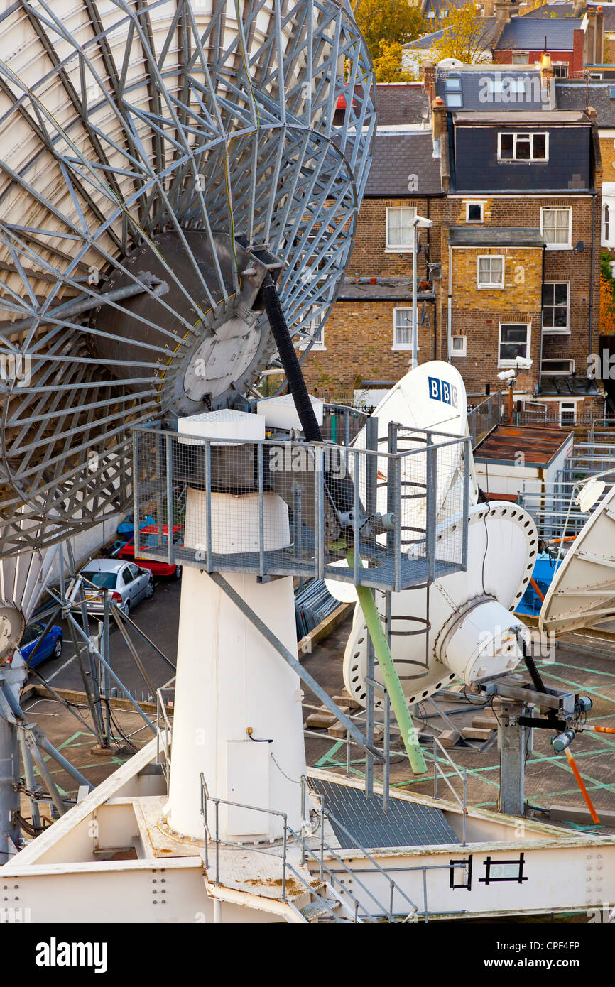 Satellite dishes at BBC Television Centre, Shepherds Bush, White City, London. JMH6006 Stock Photo