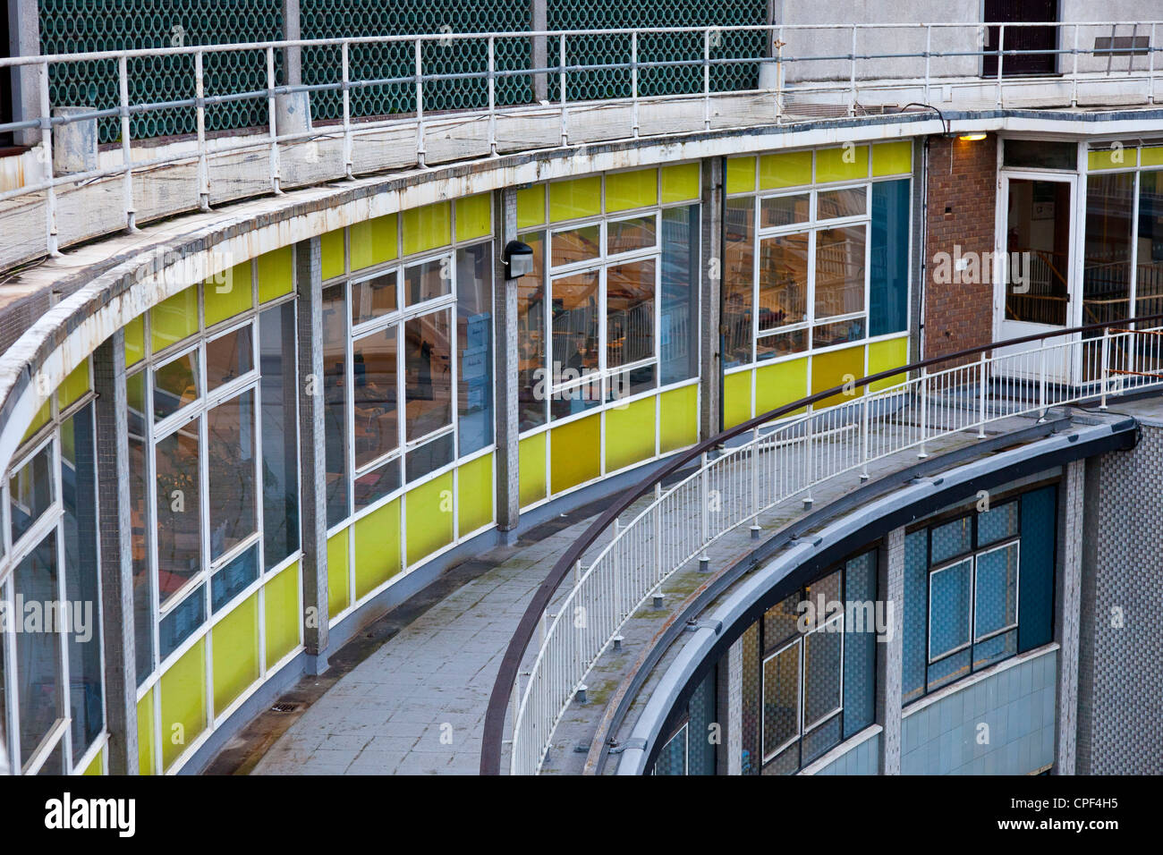 Seventh floor balcony of the 'doughnut' at BBC Television Centre, Shepherds Bush, White City, London. JMH6008 Stock Photo