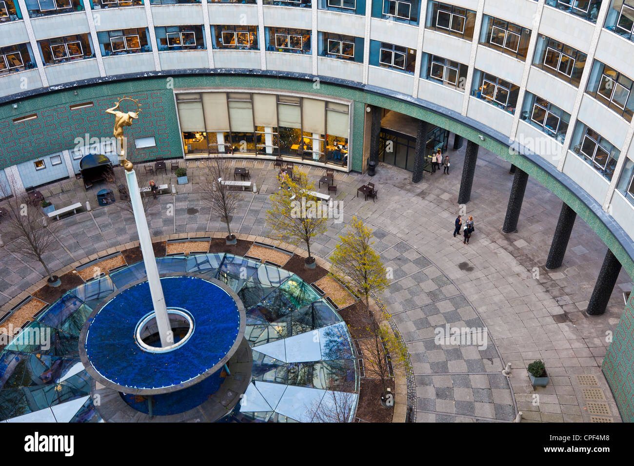 BBC Television Centre, Shepherds Bush, White City, London, looking down into central courtyard with statue of Helios. JMH6011 Stock Photo