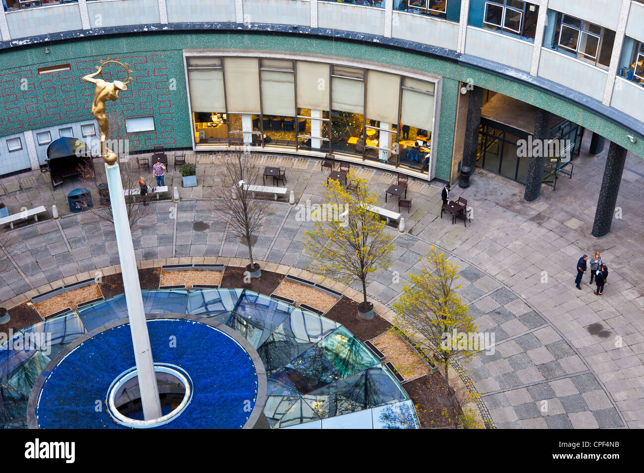 BBC Television Centre, Shepherds Bush, White City, London, looking down into central courtyard with statue of Helios. JMH6012 Stock Photo
