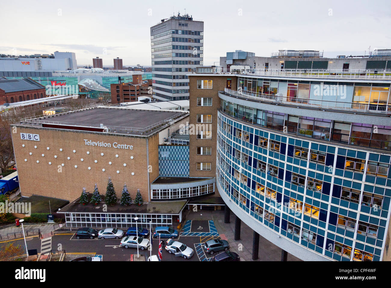 BBC Television Centre, Shepherds Bush, White City, London with studio TC1 left and offices right. JMH6017 Stock Photo