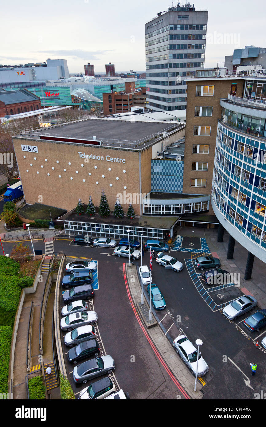 BBC Television Centre, Shepherds Bush, White City, London, looking down on studio TC1 with East Tower beyond. JMH6019 Stock Photo