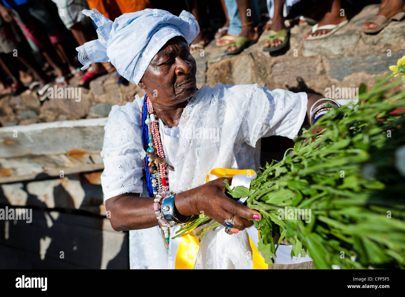 A Baiana woman holds medicinal herbs during the ritual ceremony in honor to Yemanjá in Cachoeira, Bahia, Brazil. Stock Photo