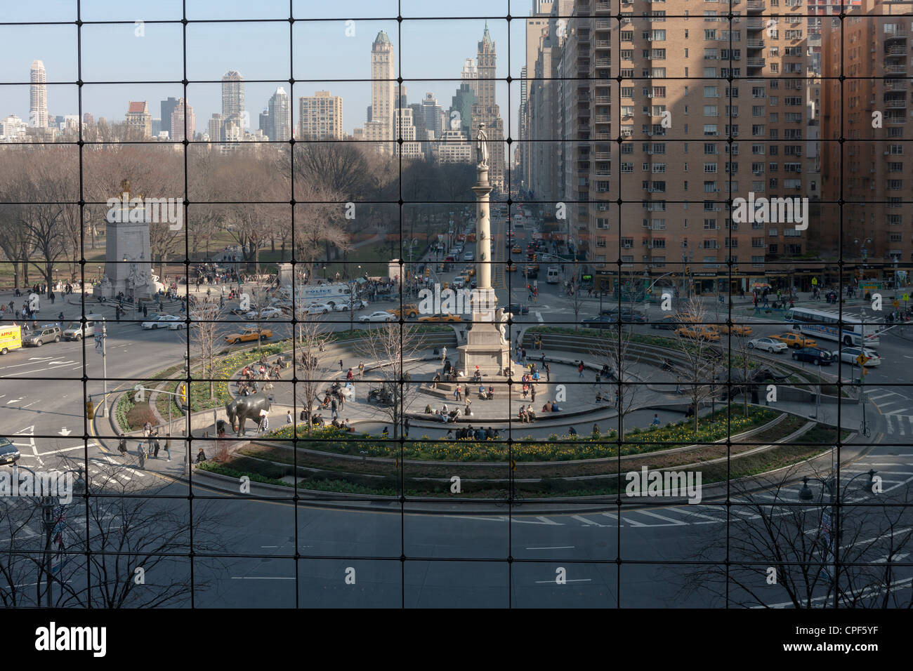 A view of Columbus Circle from inside the Time Warner Center in New York City. Stock Photo
