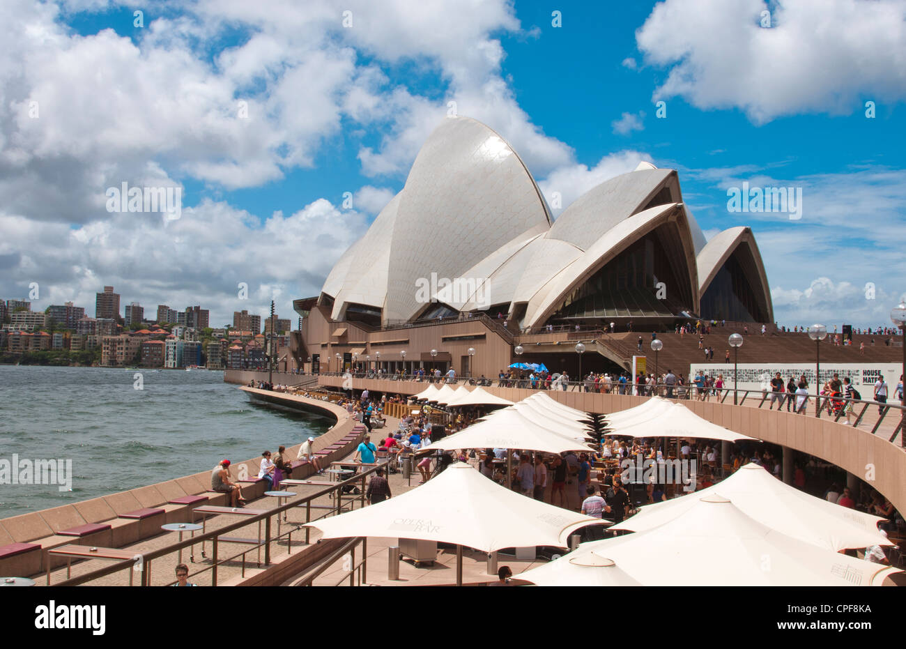 Restaurant and umbrellas in area of famous Sydney Opera House in ...