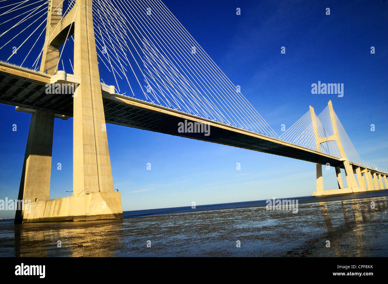 Vasco da Gama bridge is the largest in Europe over the Tagus river Stock Photo