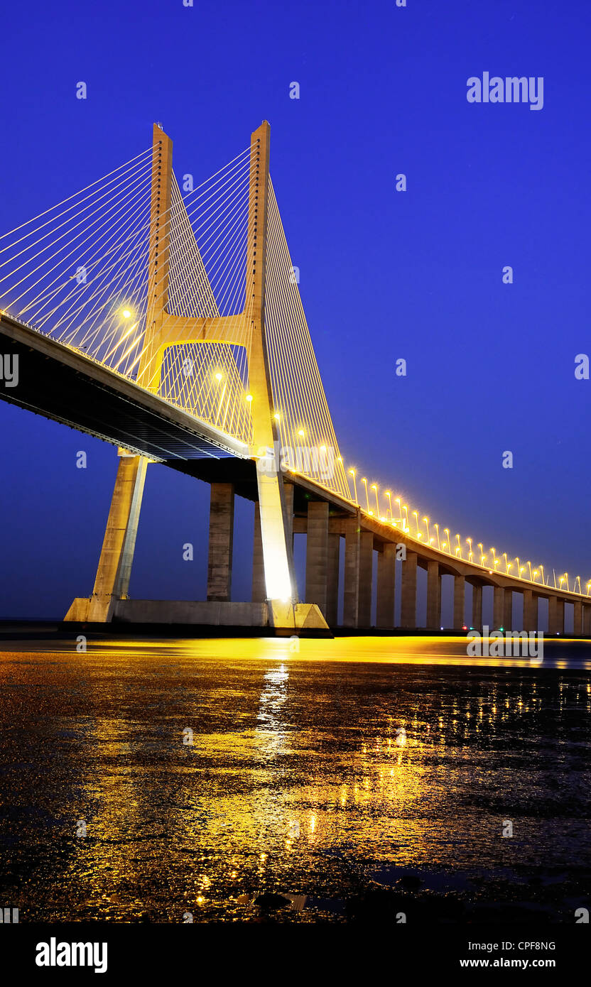 Vasco da Gama bridge is the largest in Europe over the Tagus river Stock Photo