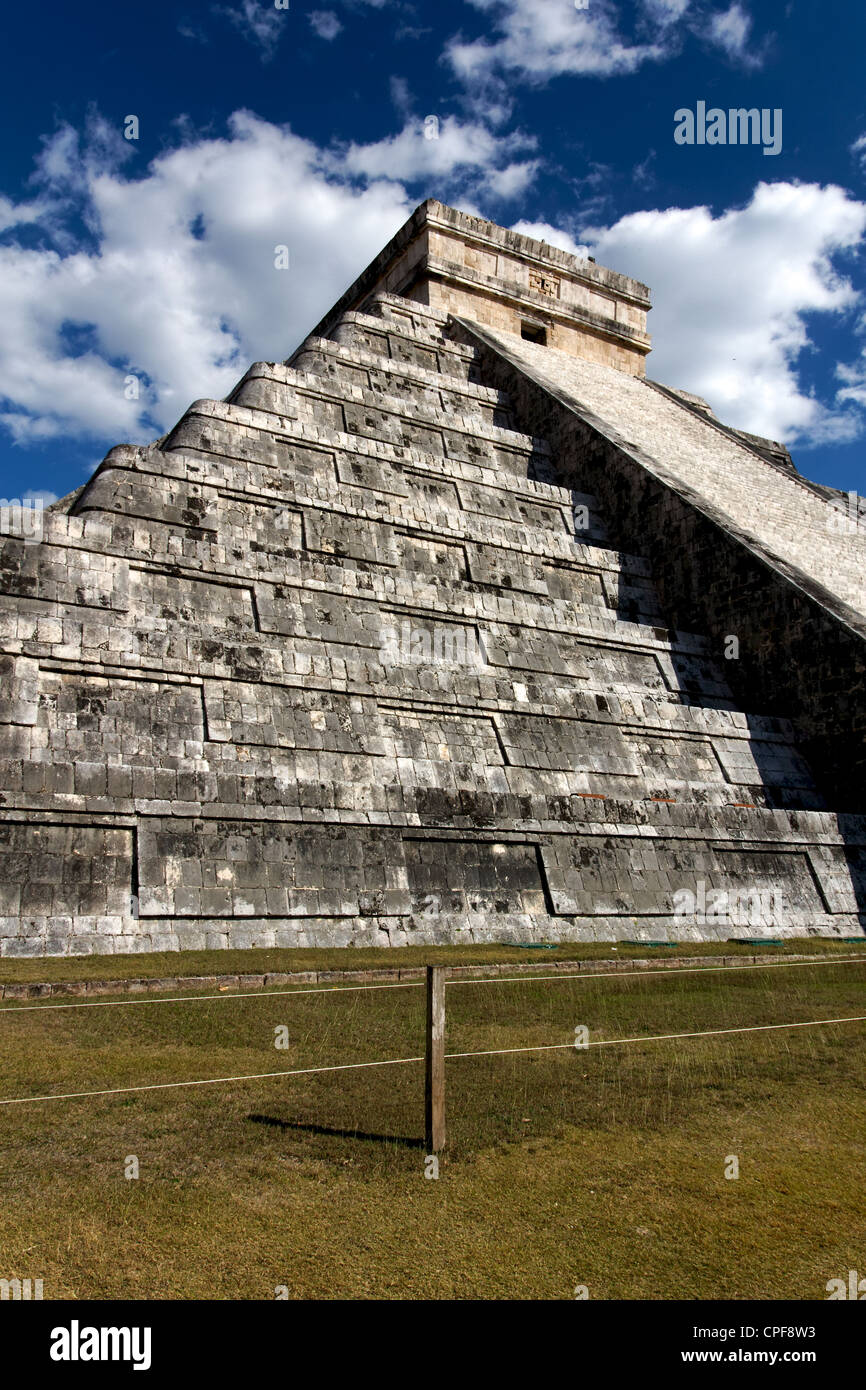 Wide-Angle view up the Mayan pyramid of Kukulkan at Chichen Itza, Yucatan, Mexico. Stock Photo