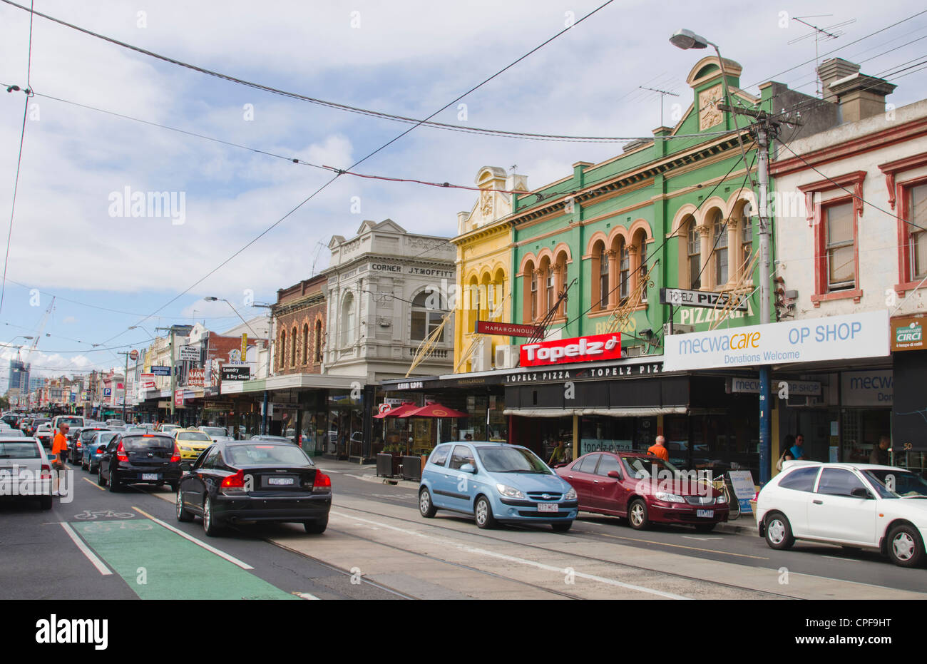 Restaurants and shops and traffic in tourist area of Chapel Street Prahran in Melbourne in