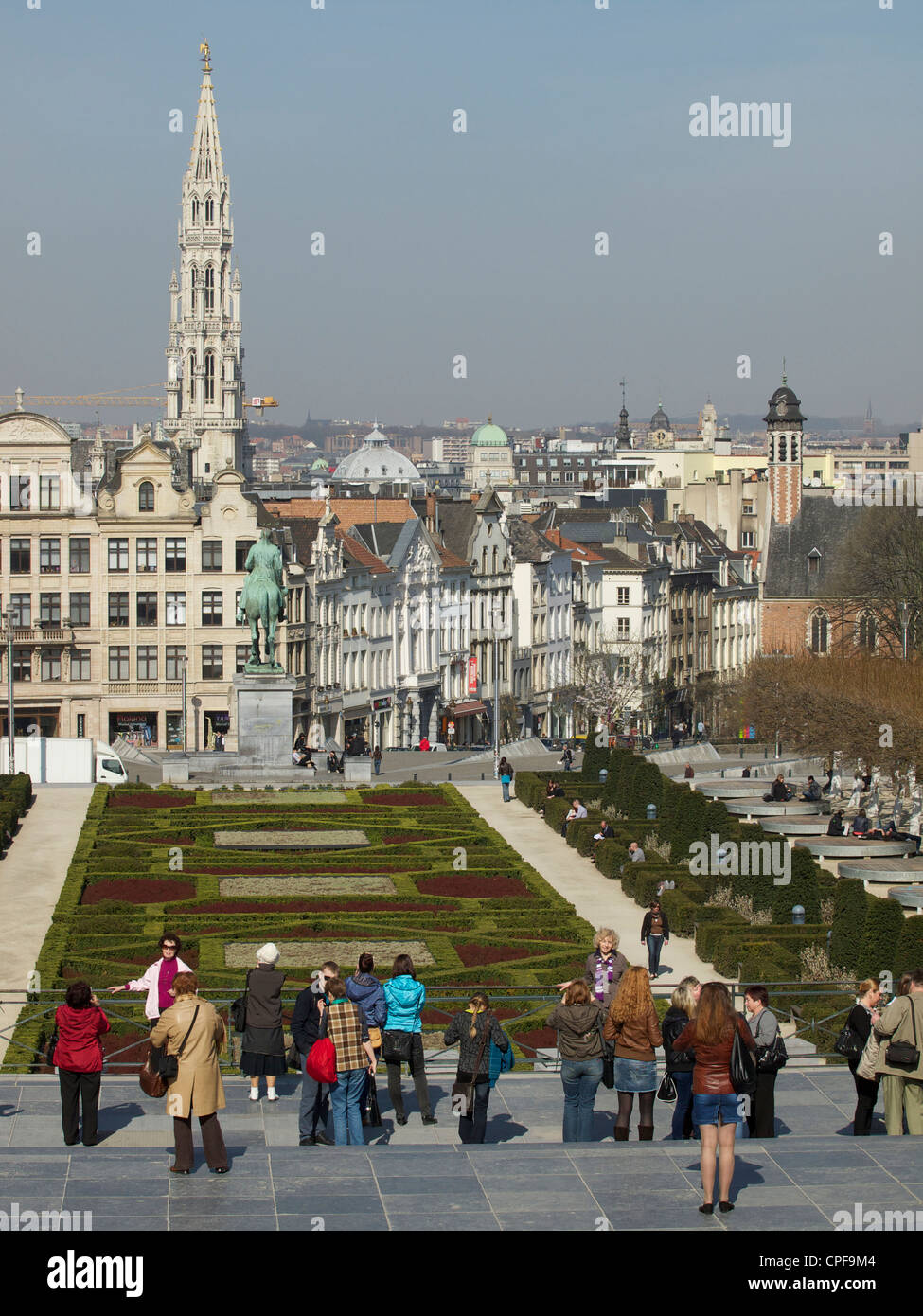 Brussels city center seen from Kunstberg park, with many tourists. Belgium Stock Photo