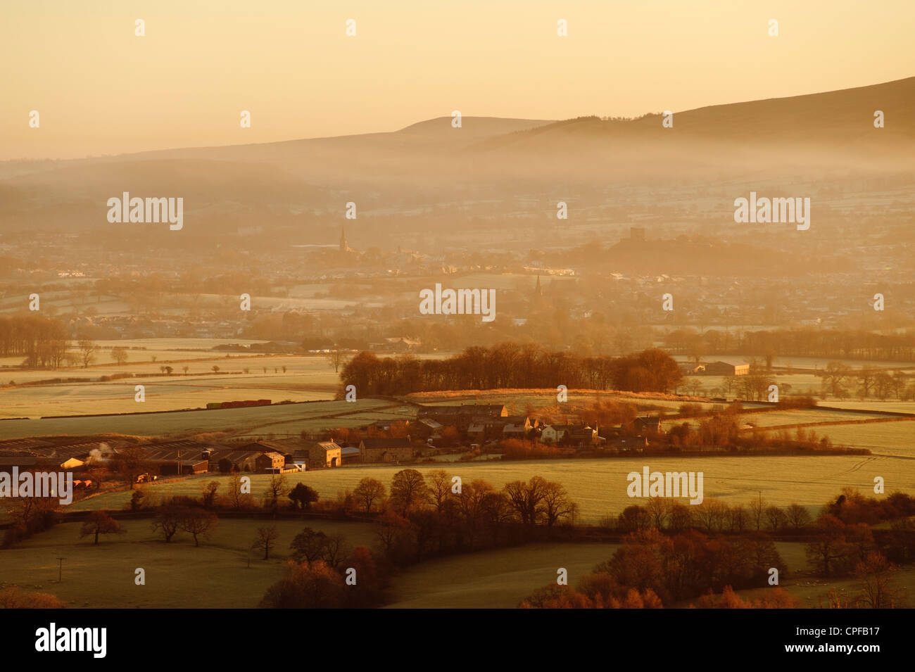 Morning mist in the Ribble Valley from Birdy Brow on Longridge Fell Lancashire England looking towards Clitheroe Stock Photo