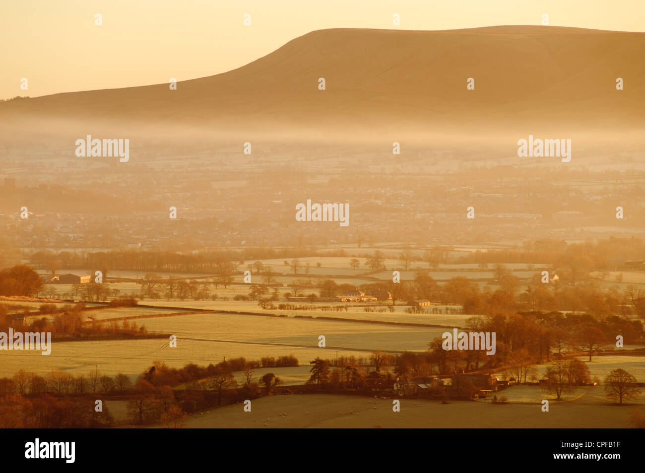 Morning mist in the Ribble Valley from Birdy Brow on Longridge Fell Lancashire England looking towards Pendle Hill Stock Photo