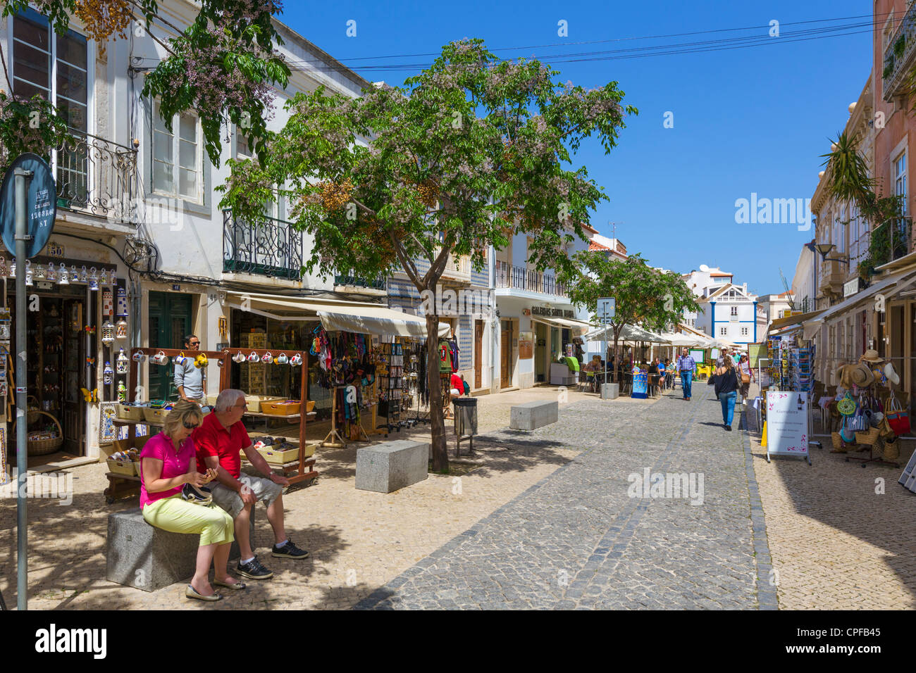 Shops on Rua 25 de Abril in the Old Town (Cidade Velha), Lagos, Algarve, Portugal Stock Photo