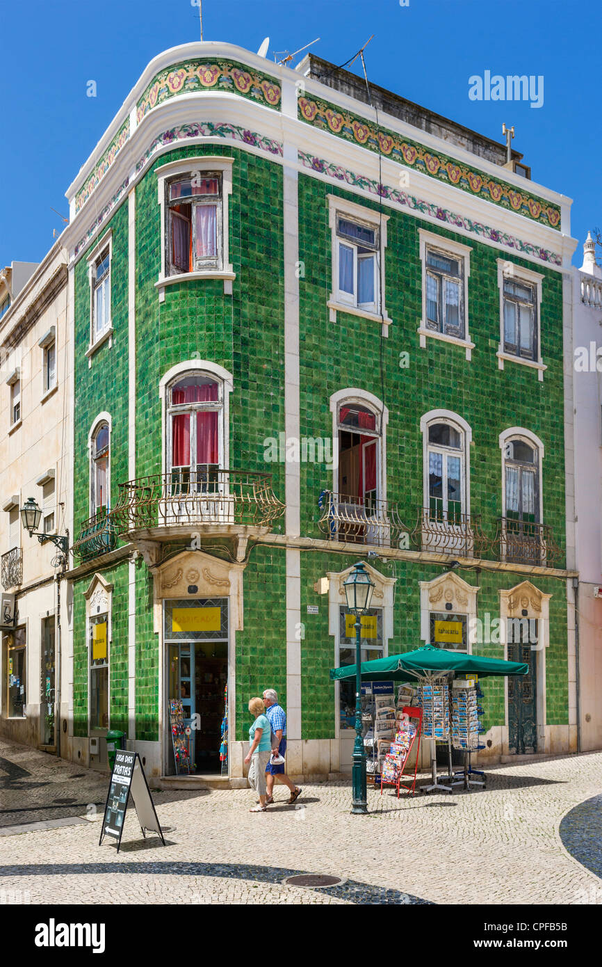 Tiled facade of traditional building in Praca de Camoes in the Old Town (Cidade Velha), Lagos, Algarve, Portugal Stock Photo