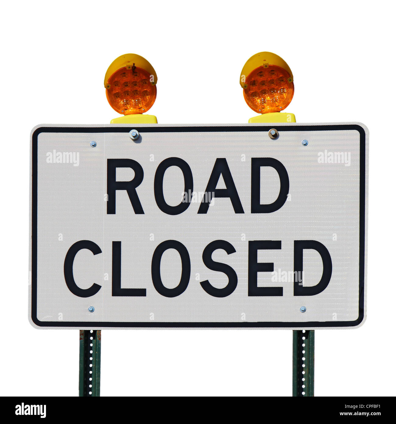 Road closed sign with orange lights against a white background square Stock Photo