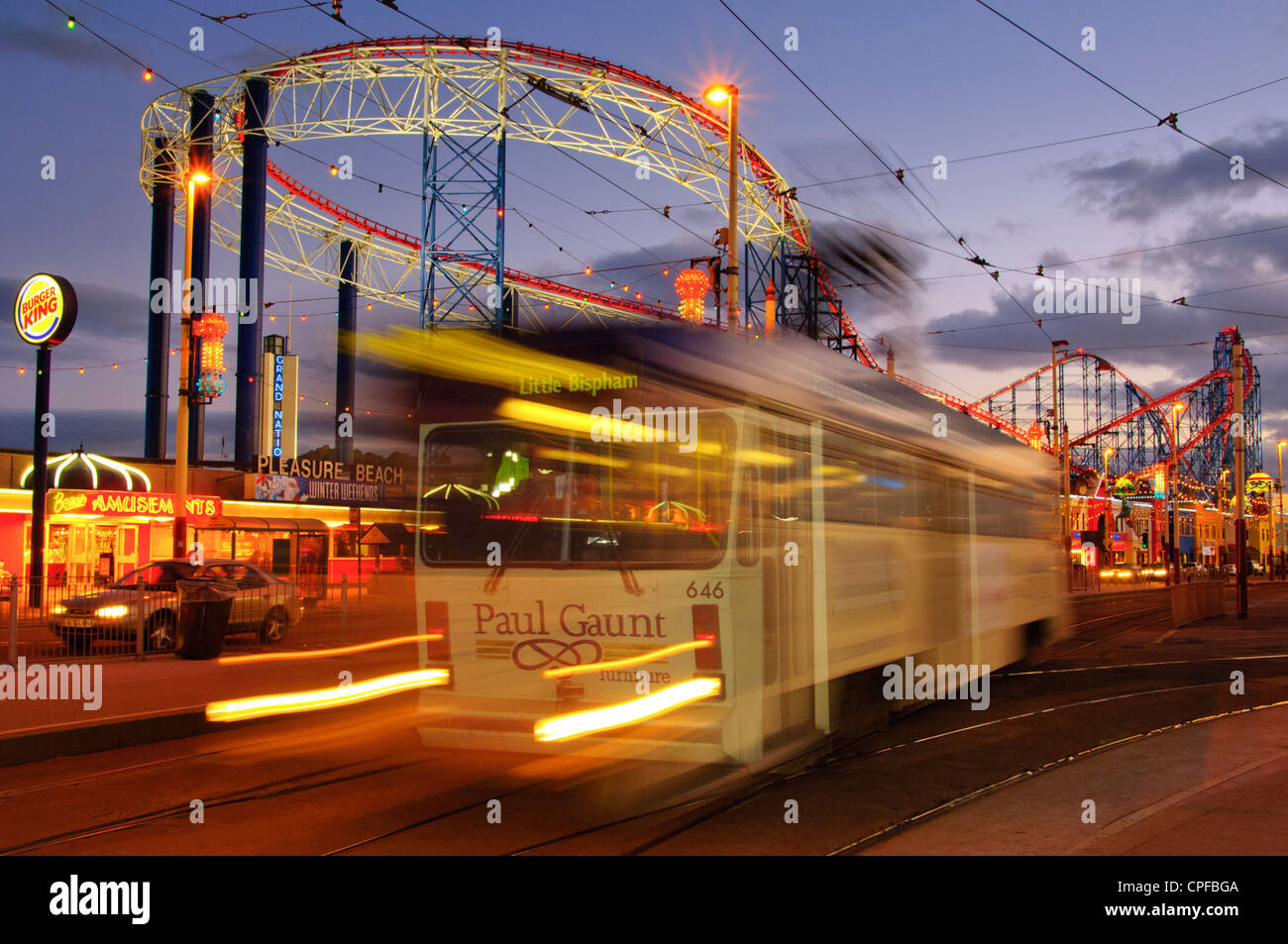 Illuminated tram passing Blackpool during the Blackpool Illuminations