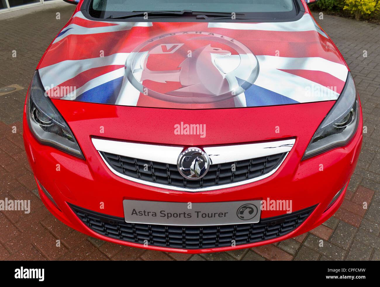 A Vauxhall Astra in the colours of the Union Flag, outside the headquarters of the Vauxhall factory in Ellesmere Port, Cheshire Stock Photo