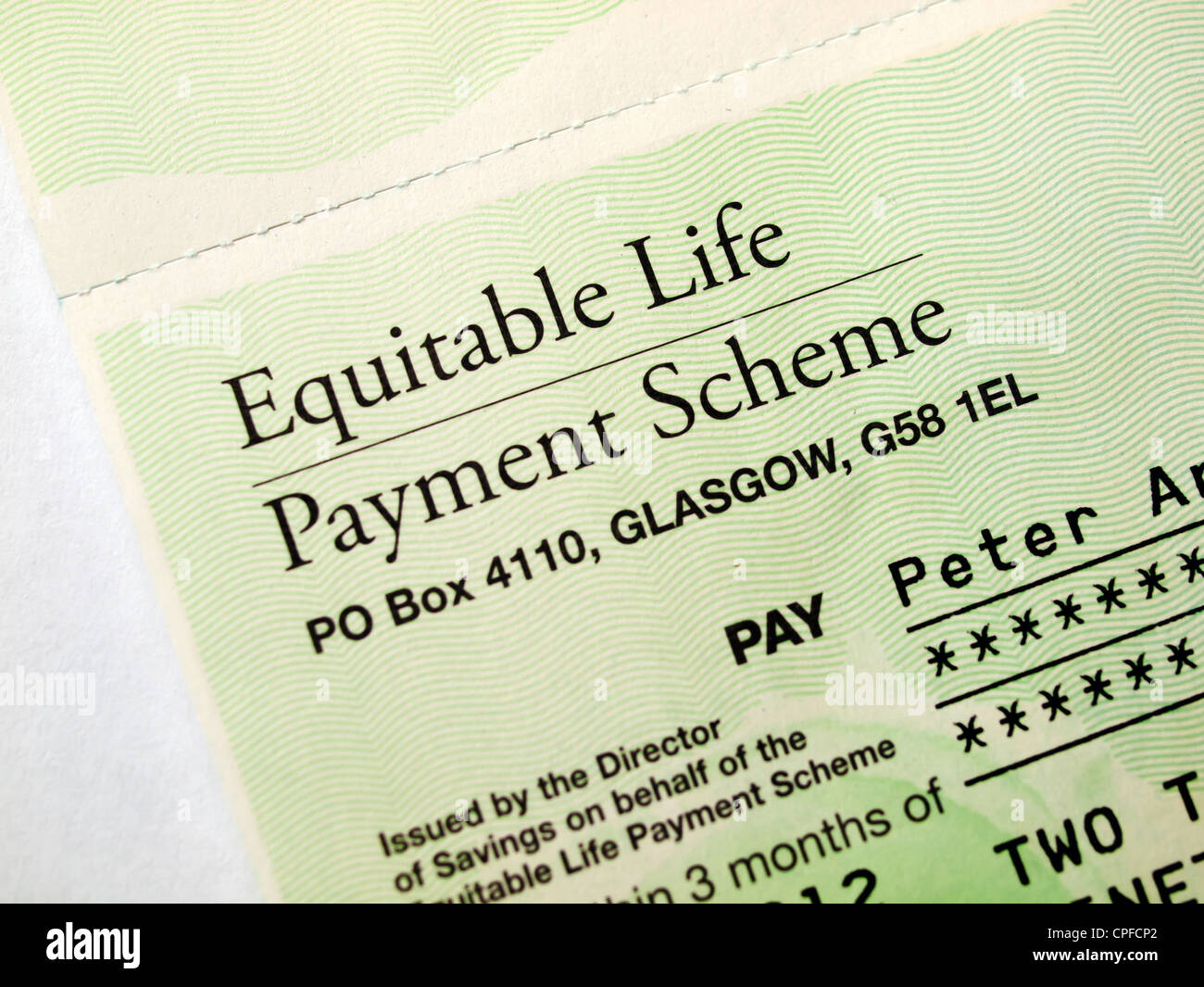 Payment by the Government as compensation for failure to properly regulate Equitable Life in 2000 was made in May 2012 Stock Photo