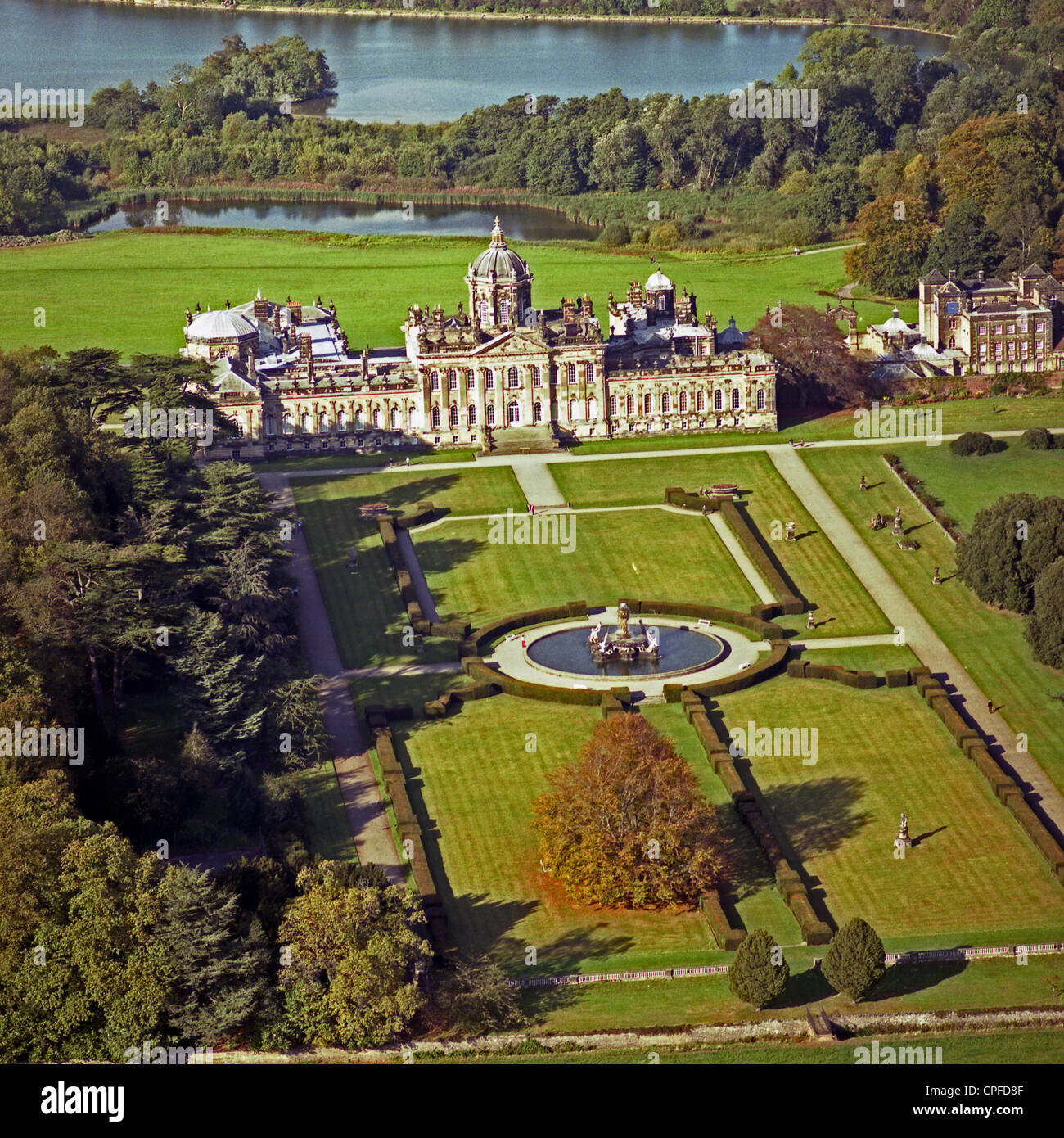 historic aerial view of Castle Howard stately home near Malton, taken