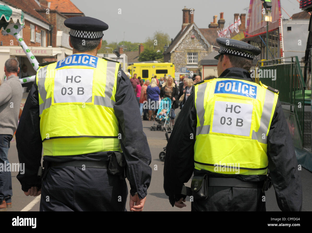Hampshire. England. May 2012.  Police on patrol during the annual travelers horse fair held in Wickham, Hampshire. Stock Photo
