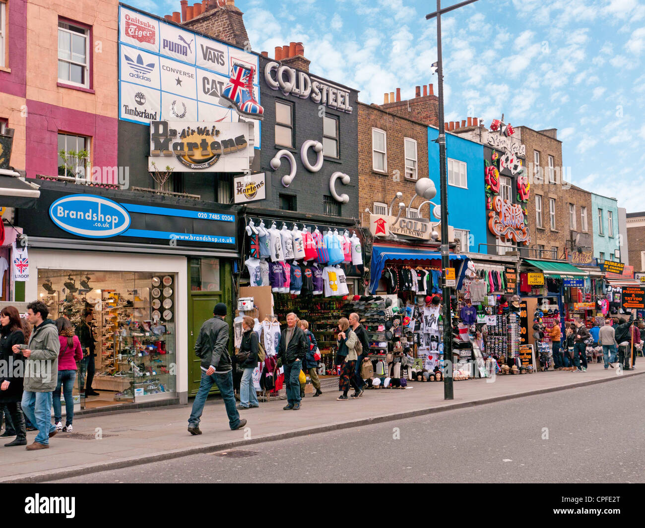 People and tourists shopping in a street in Camden Market, London, UK Stock Photo