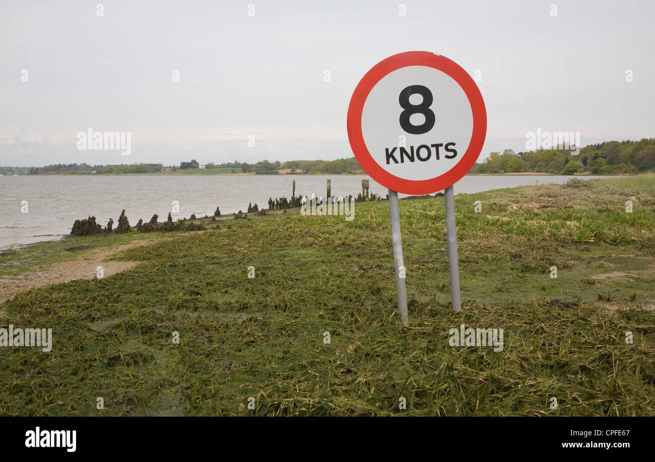 Round eight knots speed limit sign River Deben, Bawdsey, Suffolk, England Stock Photo