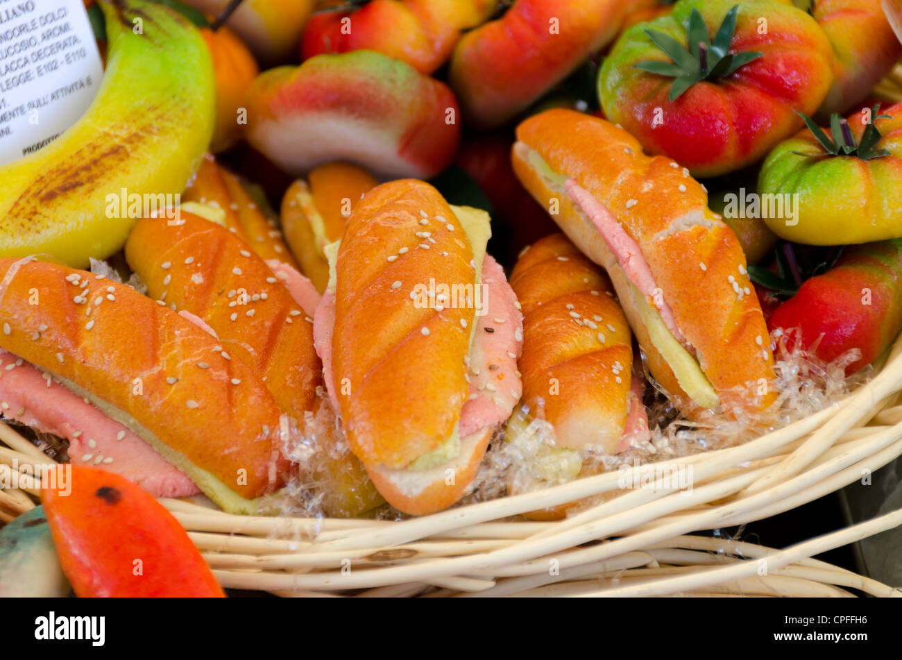 basket of fruit and bread of marzipan Stock Photo Alamy