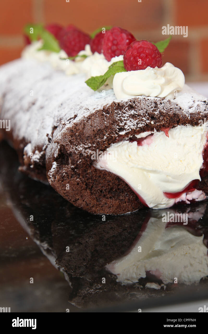 Raspberry and chocolate roulade Stock Photo