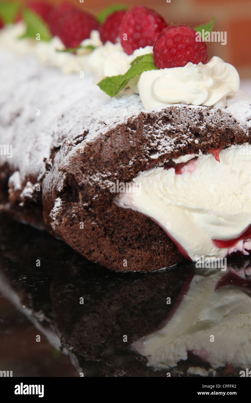 Raspberry and chocolate roulade Stock Photo