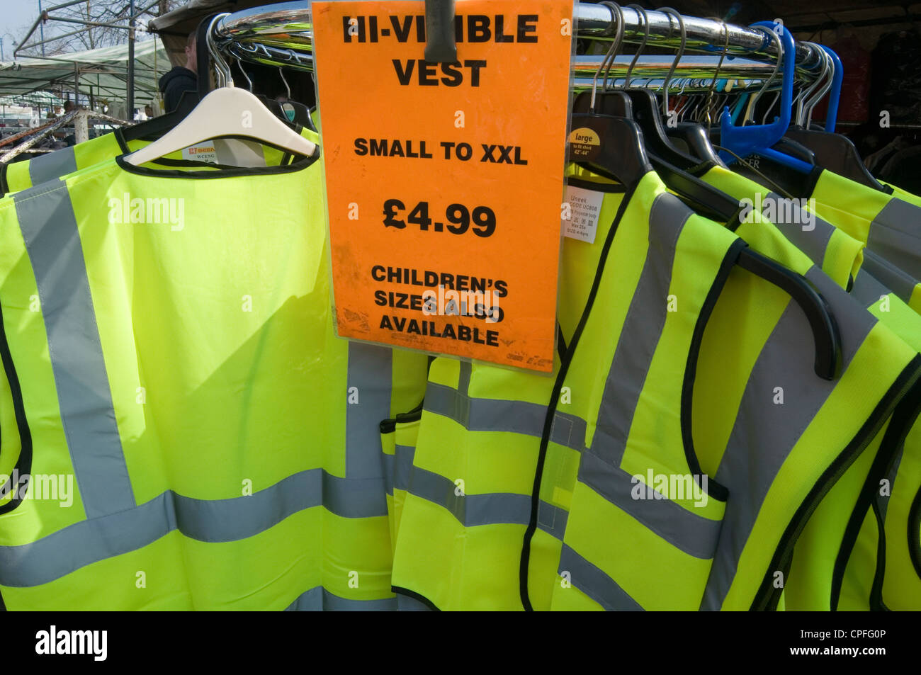 hi vis vest vests visibility jacket tabard pep personnel protective equipment health and safety h and s nanny state tabards Stock Photo