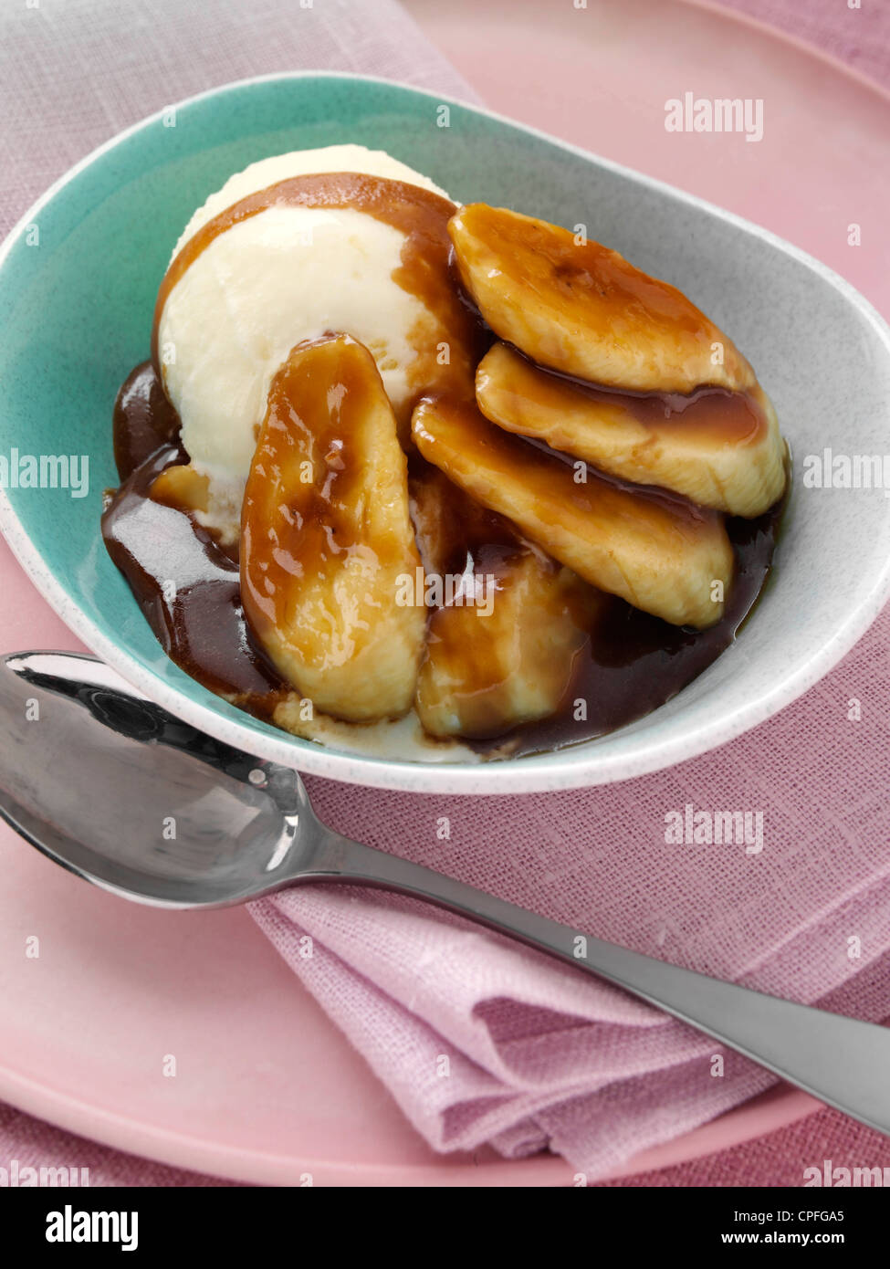 Individual portions of banana foster pudding Stock Photo Alamy