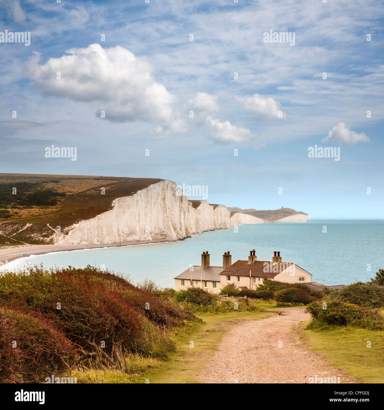England Sussex South Downs Seven Sisters and Life Guard Cottages from Seaford Head showing Cuckmere Haven. The famous view. Stock Photo