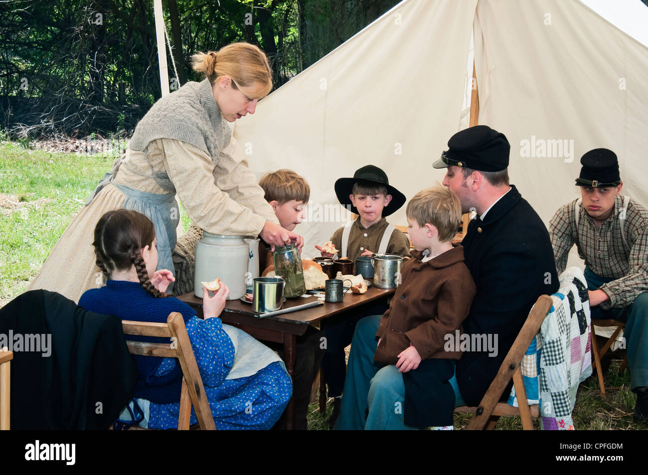 Big family of Union Army serviceman have a lunch, Civil War reenactment , Bensalem,Civil War reenactment , Bensalem, Stock Photo