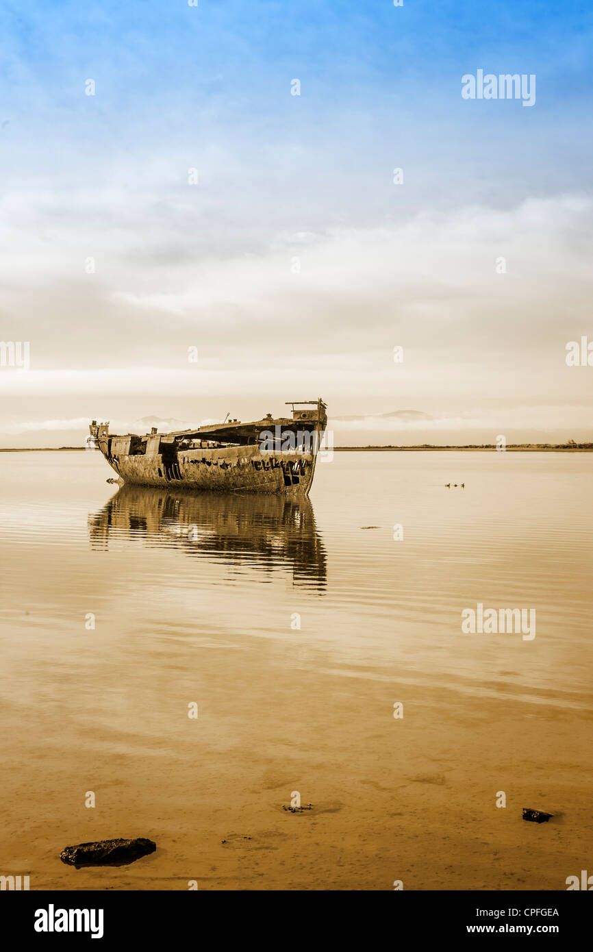 The wreck of the Janie Seddon rusting quietly away at Motueka, South Island, New Zealand. Stock Photo